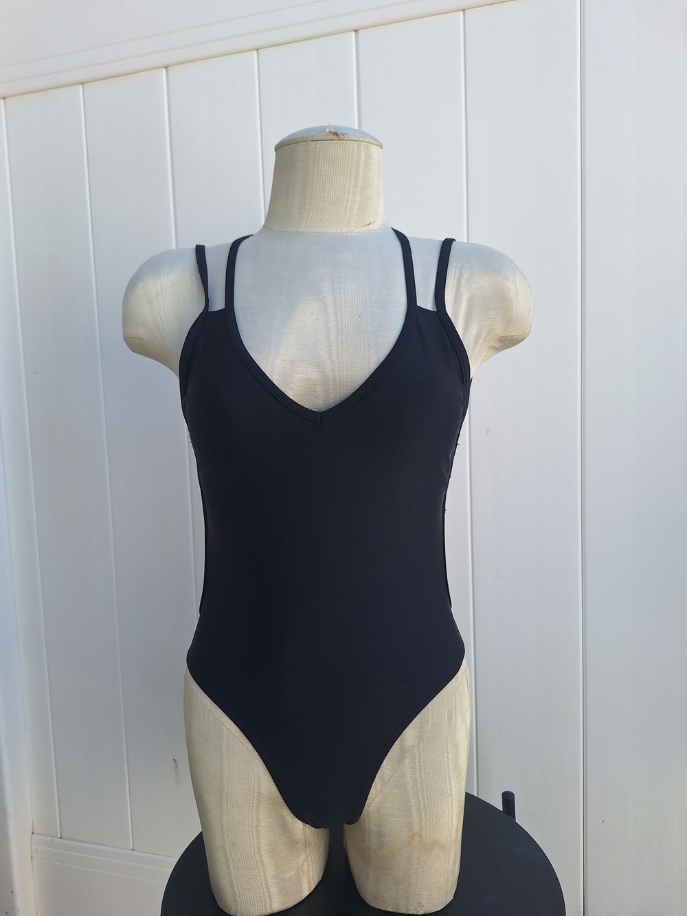 Women's Black V-Neck Double-Strap One-Piece Swimsuit